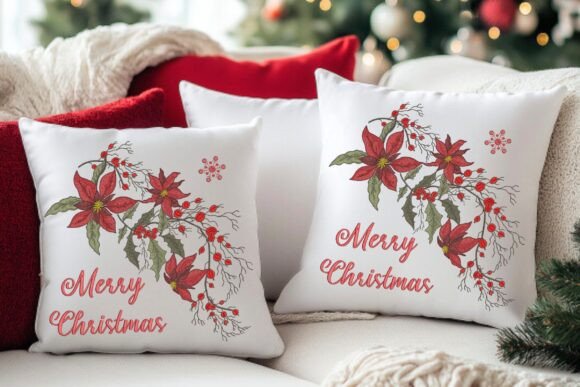 Merry Christmas Poinsettia Embroidery Design