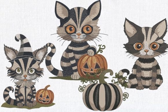 Set of 4 Striped Halloween Gothic Cat Embroidery Review